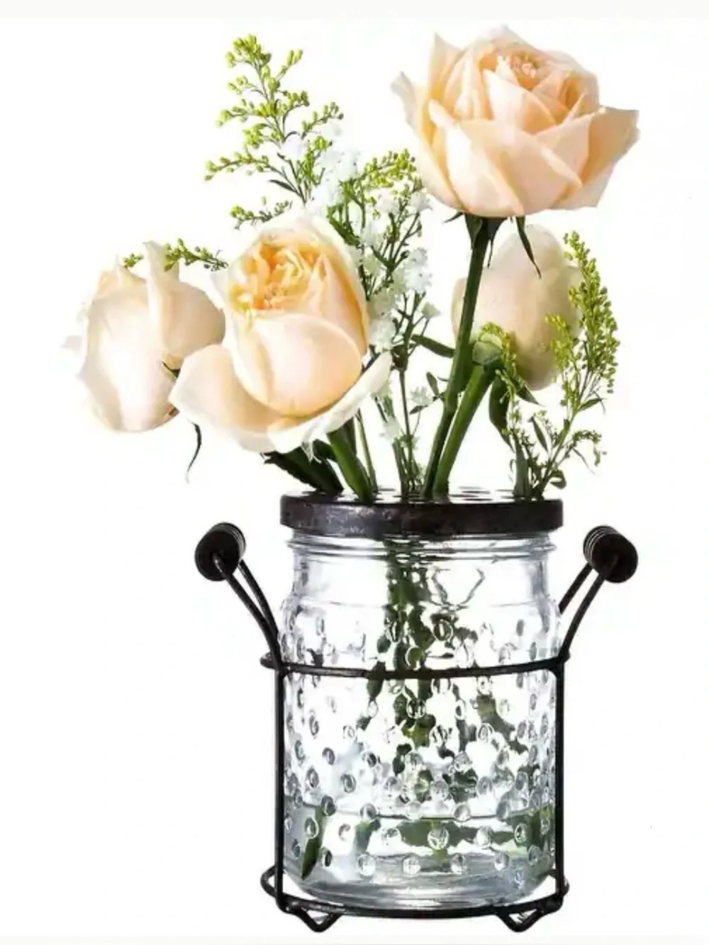 Farmhouse -style Hobnail Glass Floral Jar Vase With Handled Srand